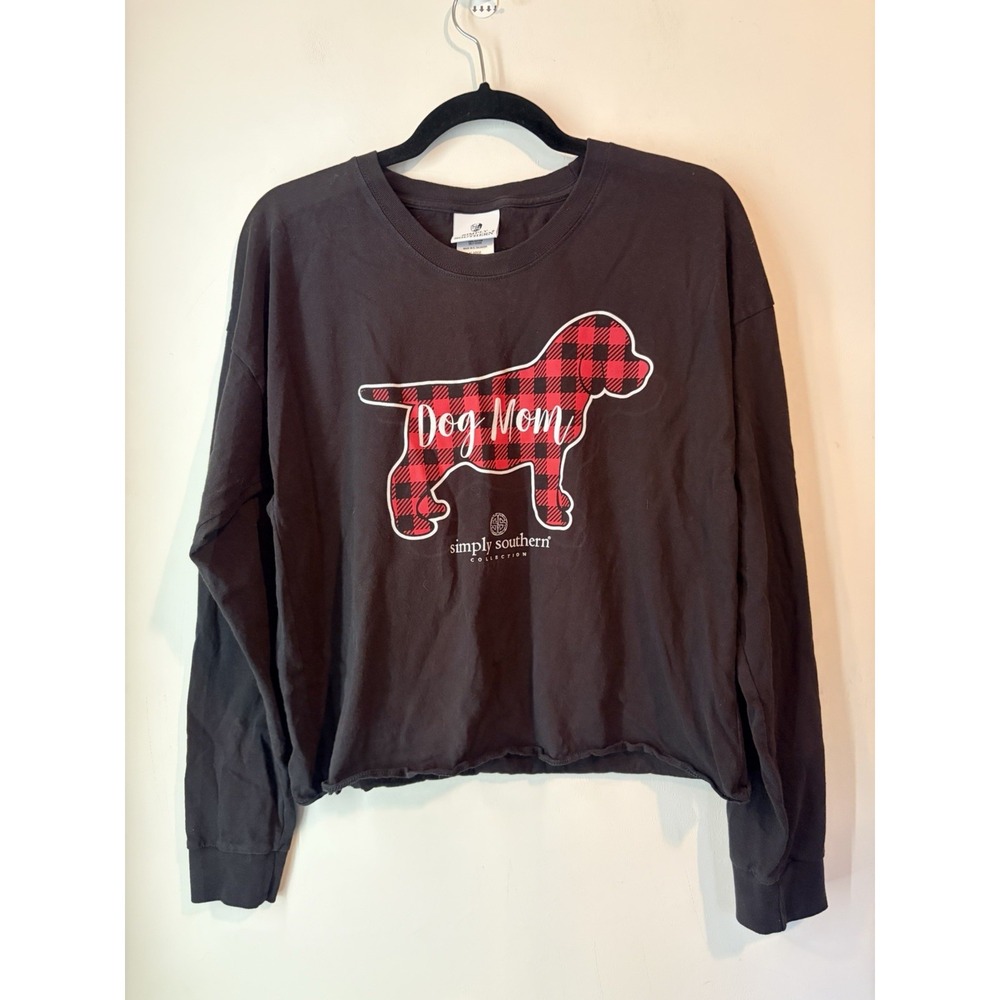 Simply Southern Long Sleeve‎ Crop Top Tshirt Dog Mom Graphic Buffalo Plaid XL